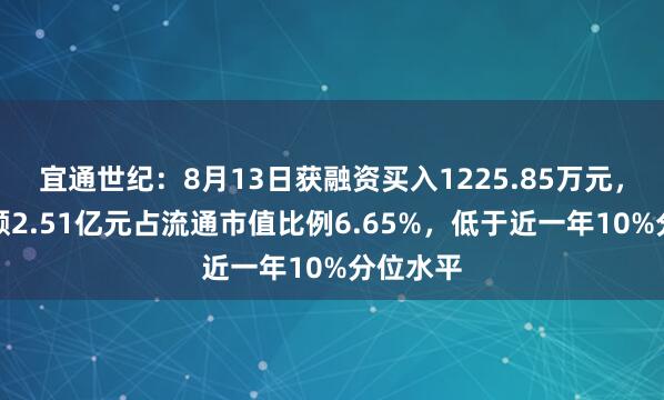 宜通世纪：8月13日获融资买入1225.85万元，融资余额2.51亿元占流通市值比例6.65%，低于近一年10%分位水平