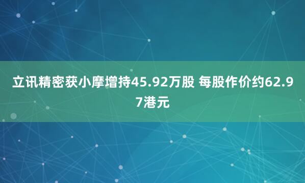 立讯精密获小摩增持45.92万股 每股作价约62.97港元