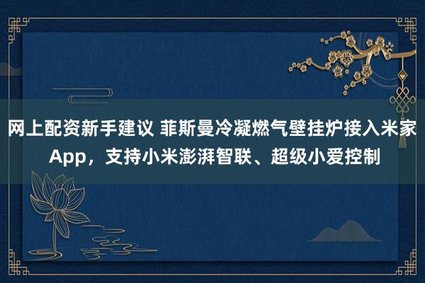 网上配资新手建议 菲斯曼冷凝燃气壁挂炉接入米家 App，支持小米澎湃智联、超级小爱控制